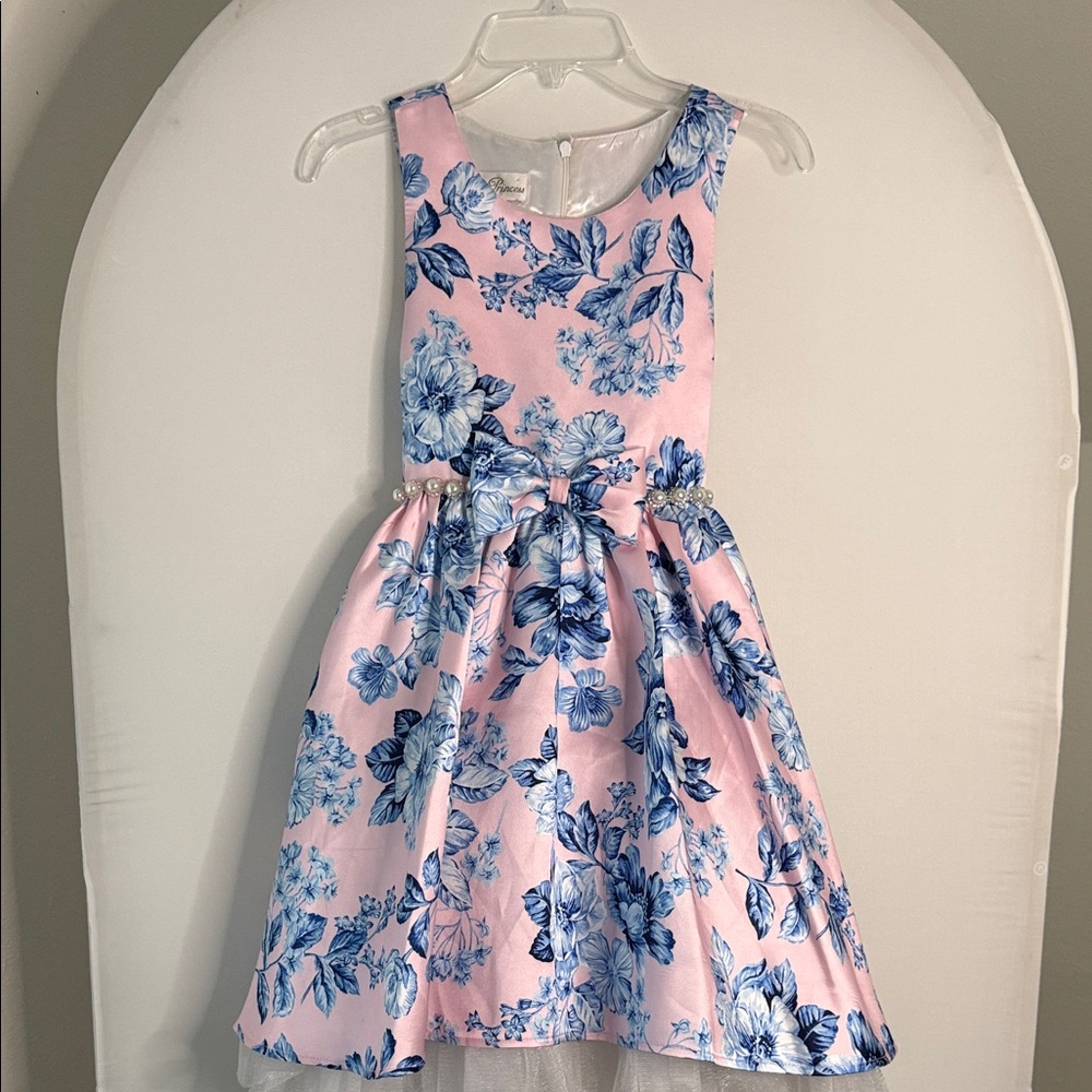 Elegant Pink and Blue Floral Kids Dress